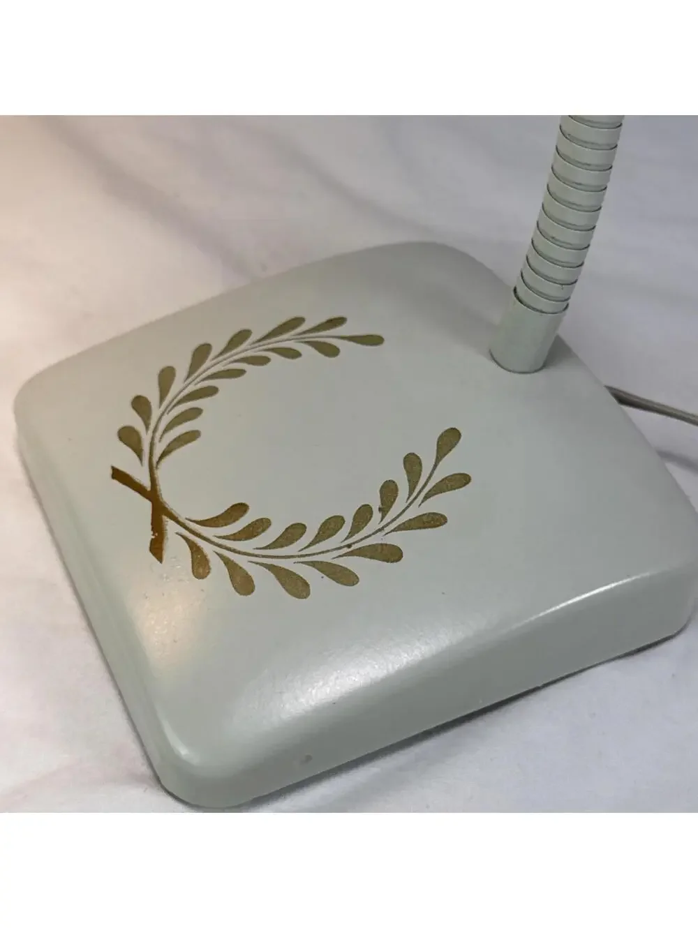 Mid Century 1950's Decorated White French Tole Gooseneck Lamp Ornate Deco Works